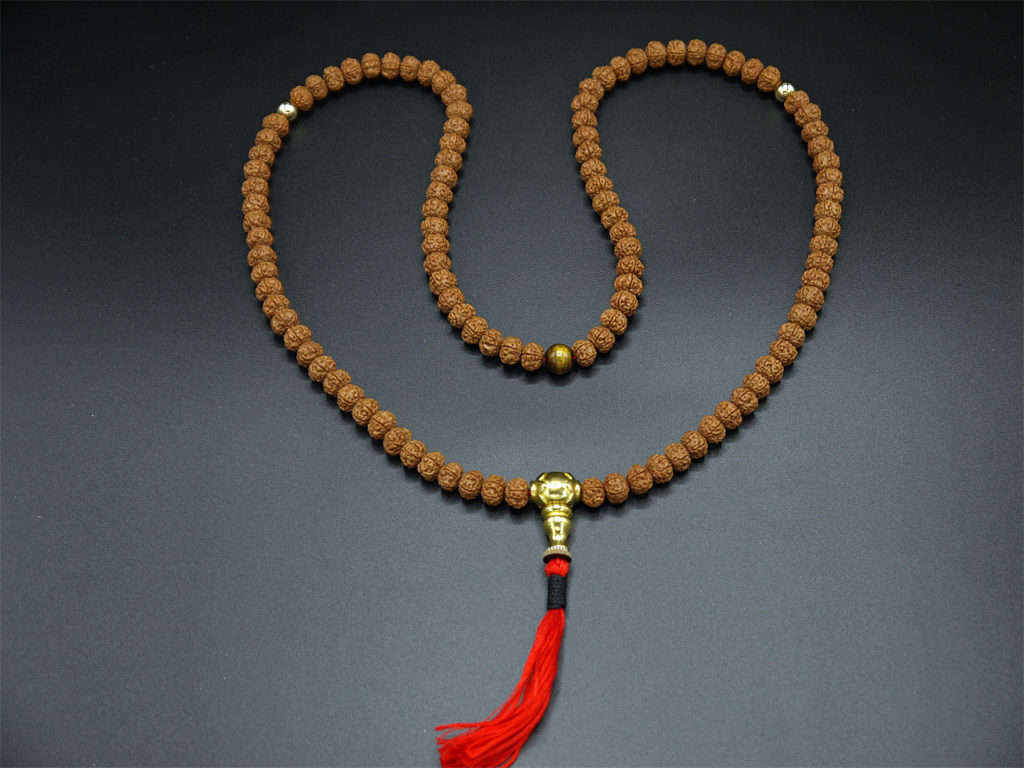 Full Mala, Rudraksha 11mm, Gold, Copper, Coral P1100259