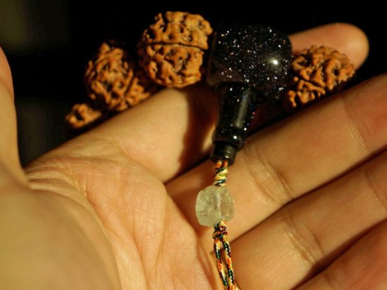 Wrist Mala, Large Nepali Golden Rudraksha 20mm, Blue Goldstone 6