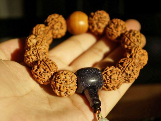 Wrist Mala, Large Nepali Golden Rudraksha 20mm, Blue Goldstone 8