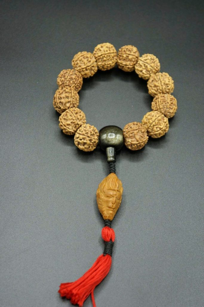Wrist Mala, Blessed Nepali 6 Face Rudraksha Wu Kong Bracelet, Golden Sheen Obsidian Guru Bead 1