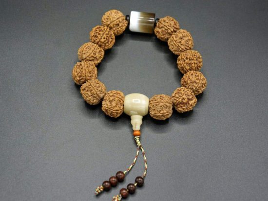 Wrist Mala, The Coffee Bracelet, Six Face 19mm Rudrakshas, Nepal Tibet Cylindrical Agate Bead 1
