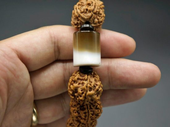 Wrist Mala, The Coffee Bracelet, Six Face 19mm Rudrakshas, Nepal Tibet Cylindrical Agate Bead 4
