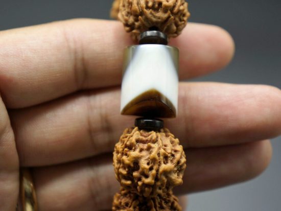Wrist Mala, The Coffee Bracelet, Six Face 19mm Rudrakshas, Nepal Tibet Cylindrical Agate Bead 5