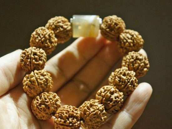Golden Bracelet, Six Face Golden 19mm Rudrakshas, Lace Agate Bead 4
