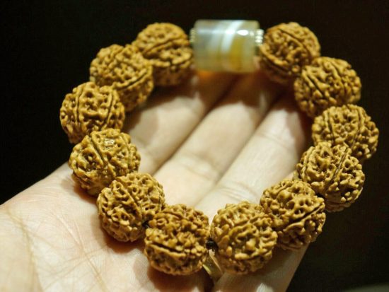 Golden Bracelet, Six Face Golden 19mm Rudrakshas, Lace Agate Bead 5