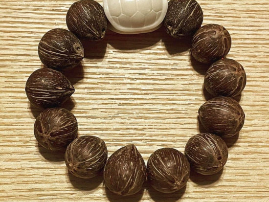 Wrist Mala, 15mm Coconut Seeds, White Tortoise Shell Bead 01