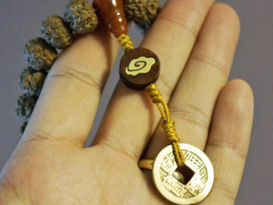 Hand Held Mala, 12mm Dragon Rudraksha, Ancient Chinese Coin 04