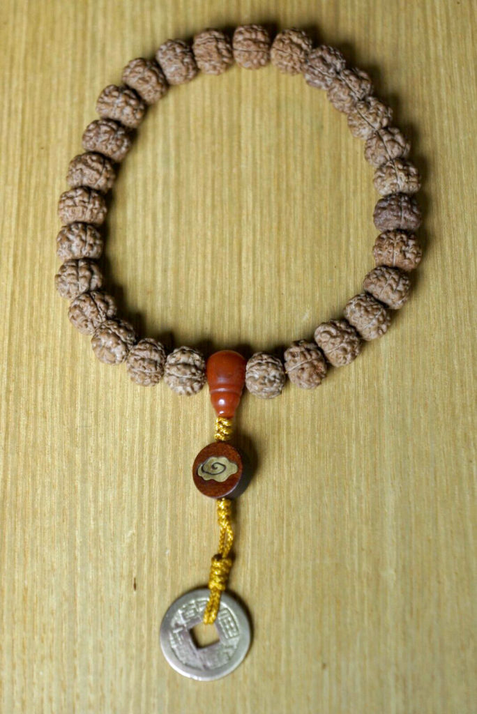 Hand Held Mala, 12mm Dragon Rudraksha, Ancient Chinese Coin 08