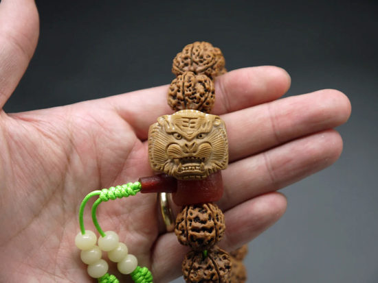 Hand Held Tiger Mala, Carved Pit, Red Agate 6