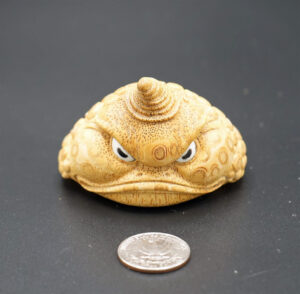 Angry Looking Bamboo Root Carved Golden Toad 01