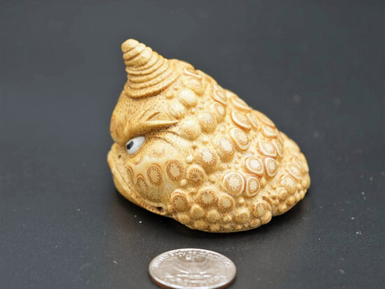 Angry Looking Bamboo Root Carved Golden Toad 02