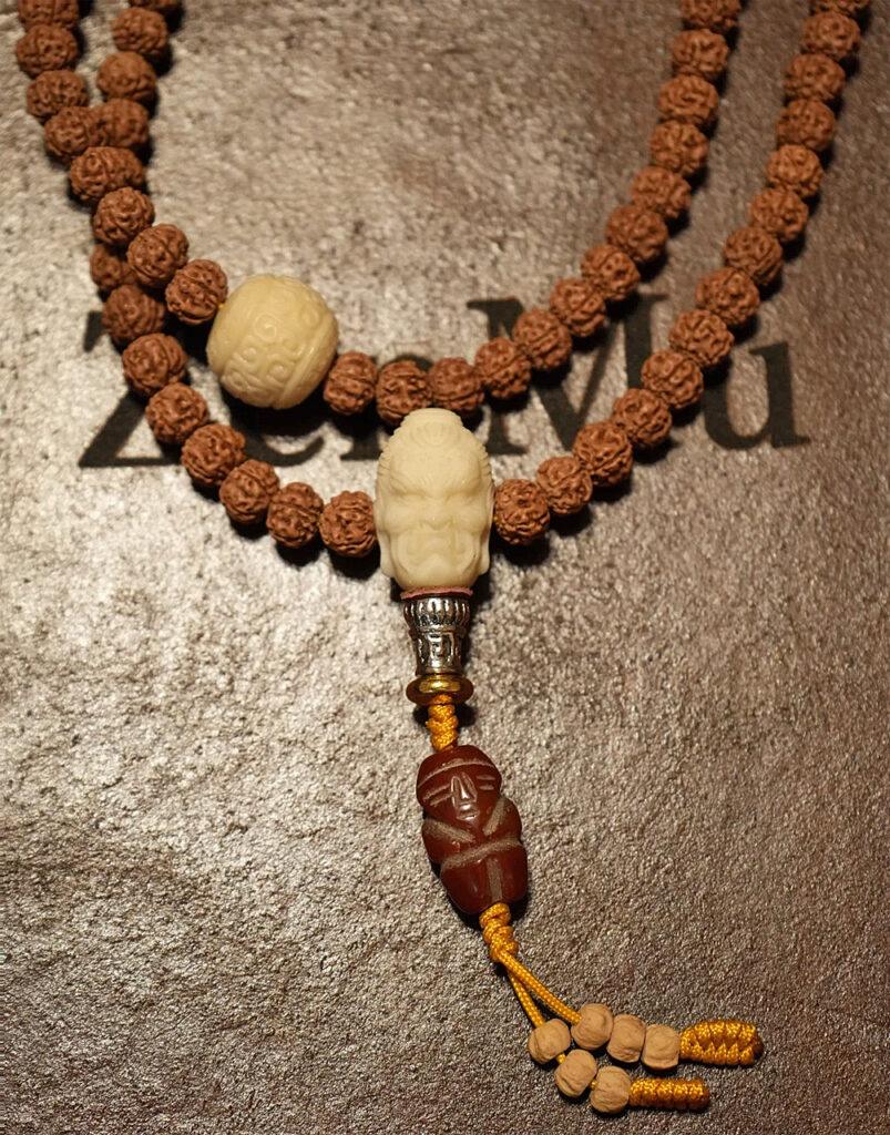 Full Mala, Wheel of Dharma Beads, Carved Bodhi Demon 01