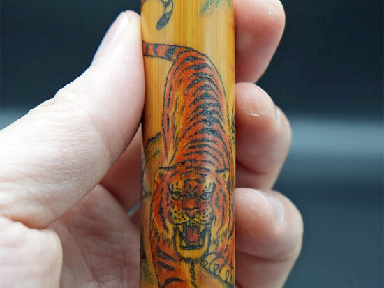 Hand Held Bamboo Stick with Tiger and Mountain Range 02