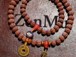 Hand Held Malas, 27 Bead & 36 Bead Dragon Rudraksha, Chinese Coin 01