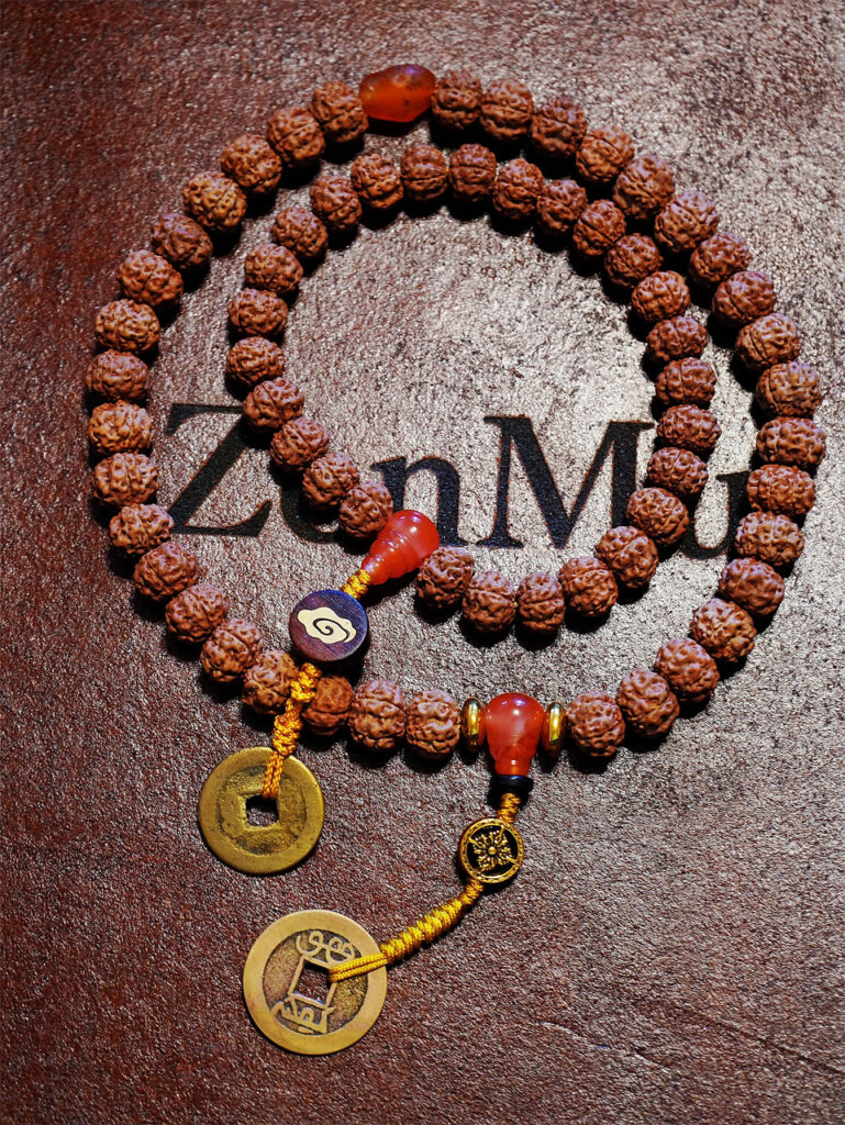 Hand Held Malas, 27 Bead & 36 Bead Dragon Rudraksha, Chinese Coin 01