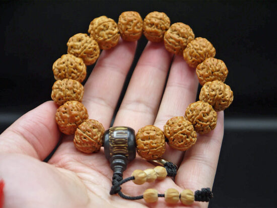 Wrist Mala, Golden Rudraksha, Bamboo Guru Bead, Cypress Beads 02