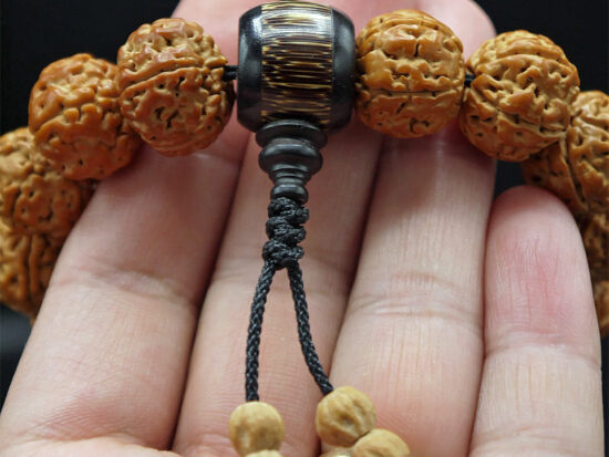 Wrist Mala, Golden Rudraksha, Bamboo Guru Bead, Cypress Beads 03
