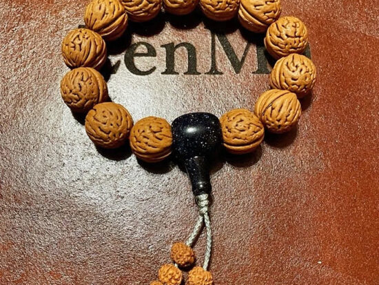 Wrist Mala, Peach Tree Protection Bracelet, Goldstone Guru Bead 01